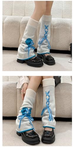 DEEPWIN Leg Warmer Leg Socks Lolita Love Sweet Knitted Leg Calf Cute Ribbon JK Spicy Girl (Blue)