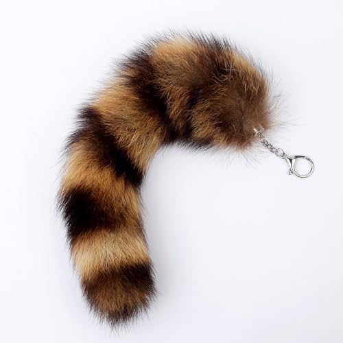 Raccoon Tail Keychain - Faux Fur, Soft Dark Brown and Black Key Ring - Gift for Fox/Wolf Cosplay, Fairy Costumes, Coat & Hat Accessories (1PCS, 30cm)