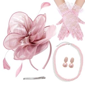 4 PCS Fascinators Hat Kentucky Derby Hats Wedding Cocktail Tea Party Headwear with Lace Gloves Pearl Necklace Earrings (Pink)