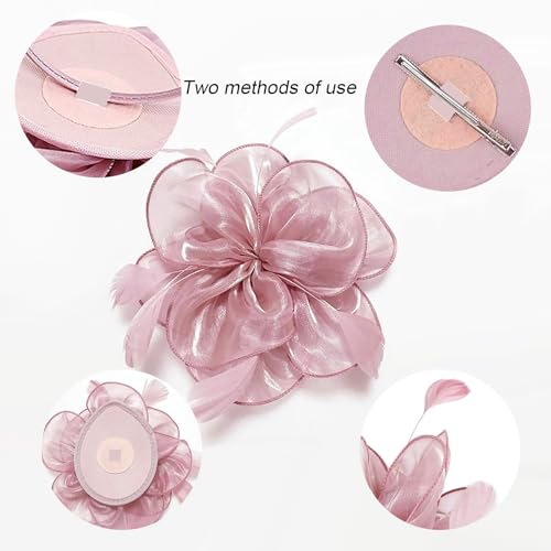 4 PCS Fascinators Hat Kentucky Derby Hats Wedding Cocktail Tea Party Headwear with Lace Gloves Pearl Necklace Earrings (Pink)