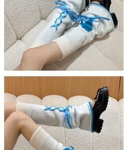 DEEPWIN Leg Warmer Leg Socks Lolita Love Sweet Knitted Leg Calf Cute Ribbon JK Spicy Girl (Blue)