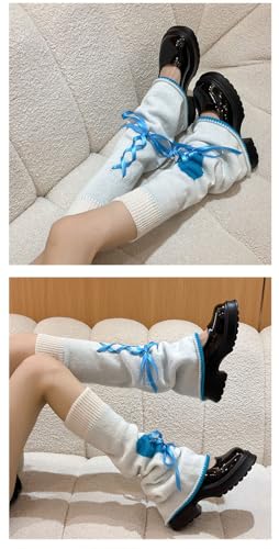 DEEPWIN Leg Warmer Leg Socks Lolita Love Sweet Knitted Leg Calf Cute Ribbon JK Spicy Girl (Blue)