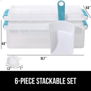 Gorilla Grip Stackable Ice Cube Tray and Bin Set, Includes 2 Trays with Lid and Scooper, Easy Release, Makes 56 Cubes for Cocktail Soda Coffee, Leak Proof Freezer Bucket Kit, Kitchen Gadget, Turquoise