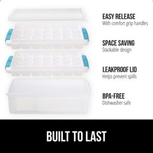 Gorilla Grip Stackable Ice Cube Tray and Bin Set, Includes 2 Trays with Lid and Scooper, Easy Release, Makes 56 Cubes for Cocktail Soda Coffee, Leak Proof Freezer Bucket Kit, Kitchen Gadget, Turquoise