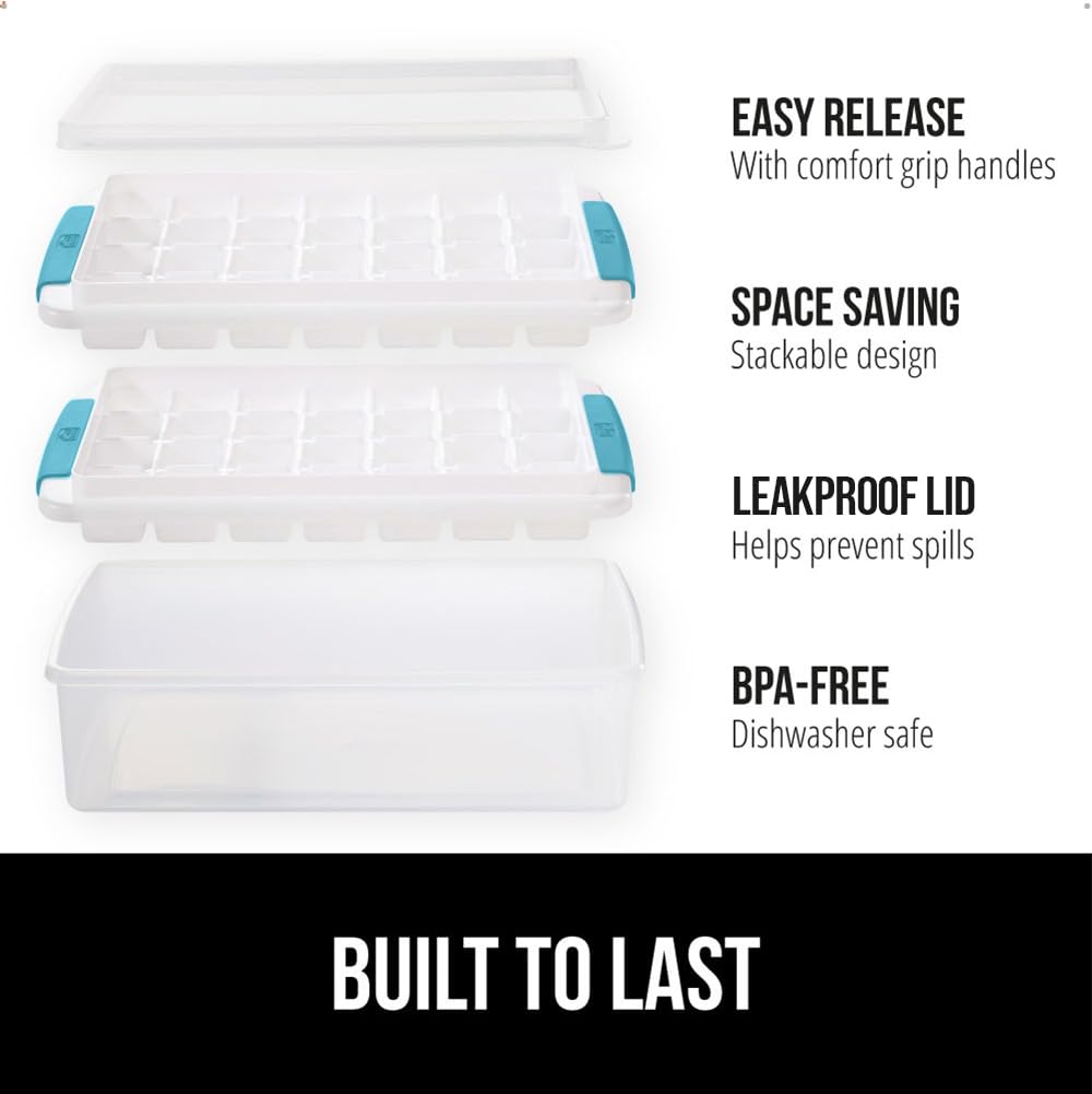 Gorilla Grip Stackable Ice Cube Tray and Bin Set, Includes 2 Trays with Lid and Scooper, Easy Release, Makes 56 Cubes for Cocktail Soda Coffee, Leak Proof Freezer Bucket Kit, Kitchen Gadget, Turquoise