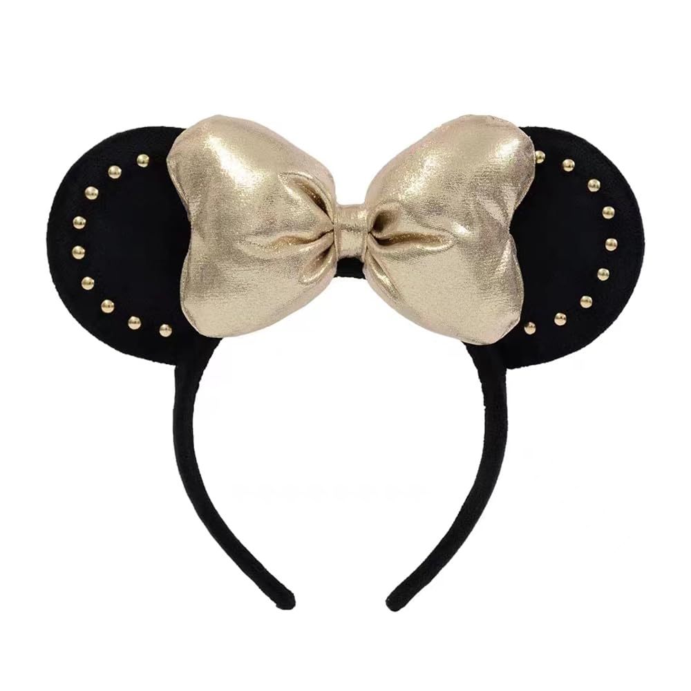 JIAHANG 3D Mouse Ear Hair Bow Headband, Velvet Hairband Park Party Decoration Costume Headwear Hair Accessories for Women Girls (3D-gold rivet)