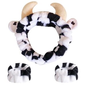 ahoney cow ears headband cow print skincare headbands and wristbands, cute spa wrist band fluffy hand cuffs women girls kids facial makeup accessories costume party stuff birthday gift