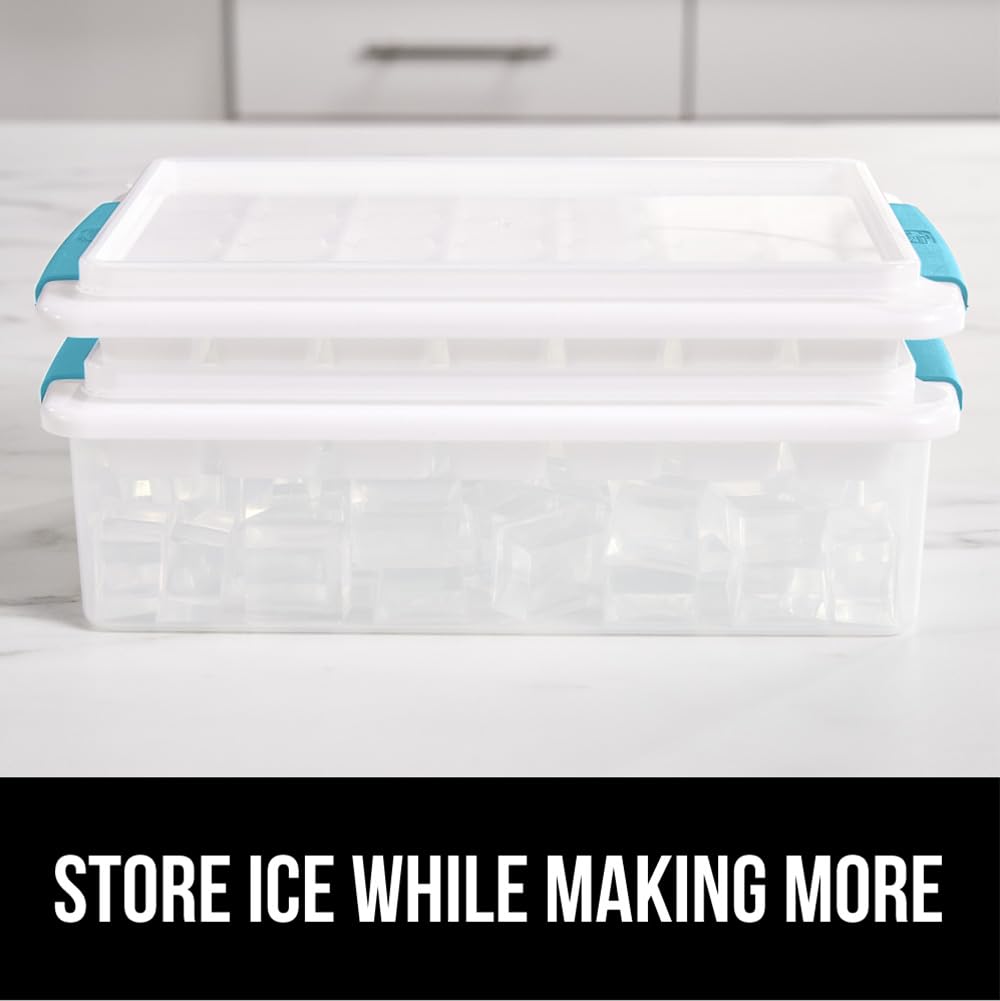 Gorilla Grip Stackable Ice Cube Tray and Bin Set, Includes 2 Trays with Lid and Scooper, Easy Release, Makes 56 Cubes for Cocktail Soda Coffee, Leak Proof Freezer Bucket Kit, Kitchen Gadget, Turquoise