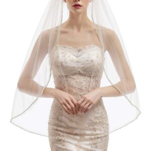 DIMNIE Wedding Veil for Brides Handmade Beaded Bridal Veil 1 Tier Fingertip Length Veil with Comb (off white-Fingertip Length:39.37IN)