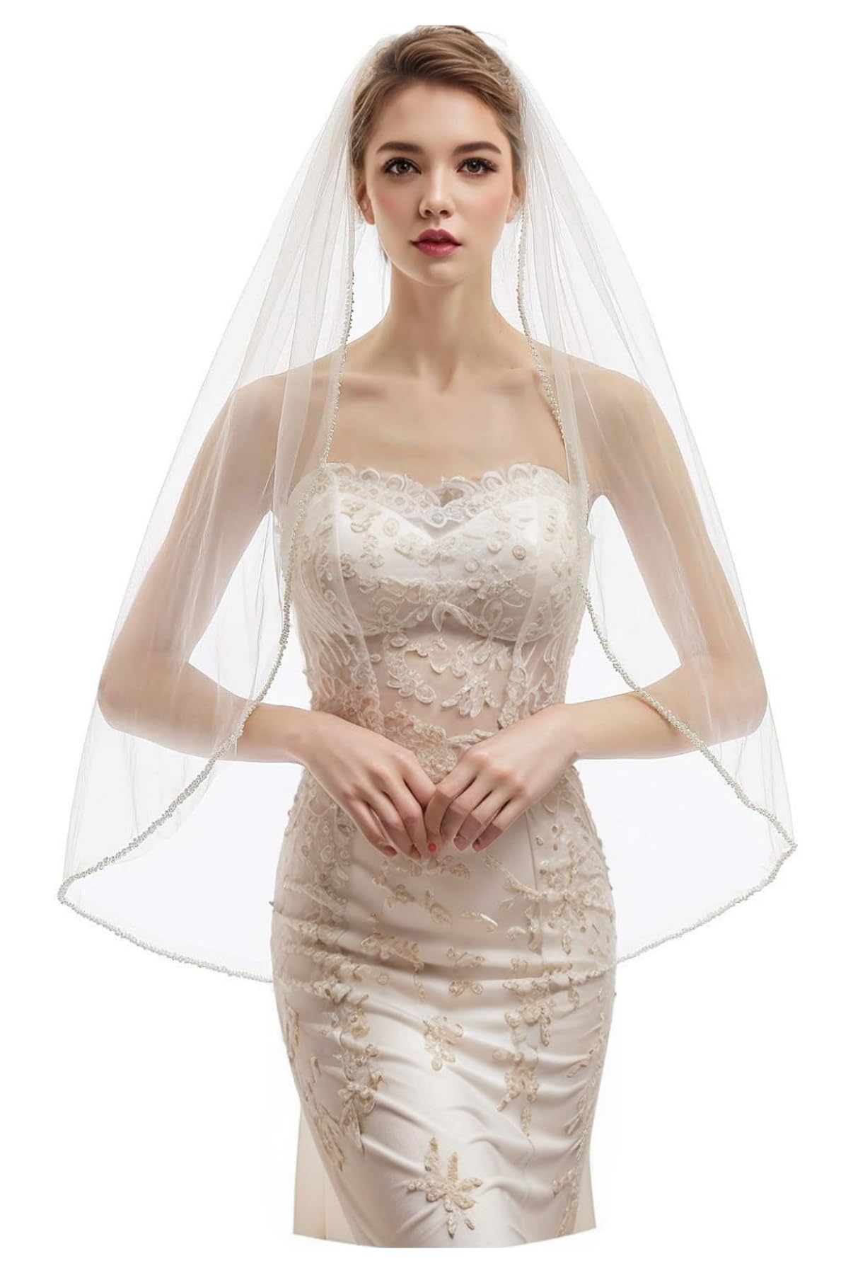 DIMNIE Wedding Veil for Brides Handmade Beaded Bridal Veil 1 Tier Fingertip Length Veil with Comb (off white-Fingertip Length:39.37IN)