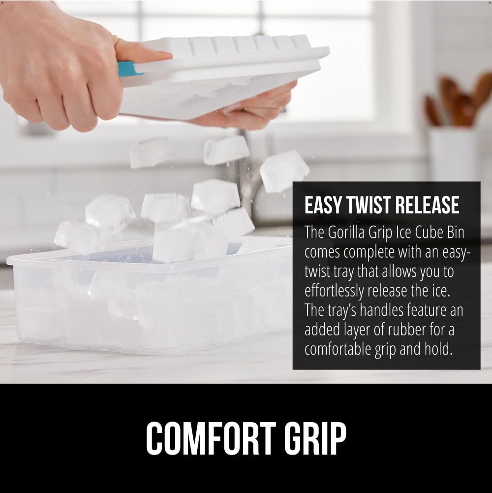 Gorilla Grip Stackable Ice Cube Tray and Bin Set, Includes 2 Trays with Lid and Scooper, Easy Release, Makes 56 Cubes for Cocktail Soda Coffee, Leak Proof Freezer Bucket Kit, Kitchen Gadget, Turquoise