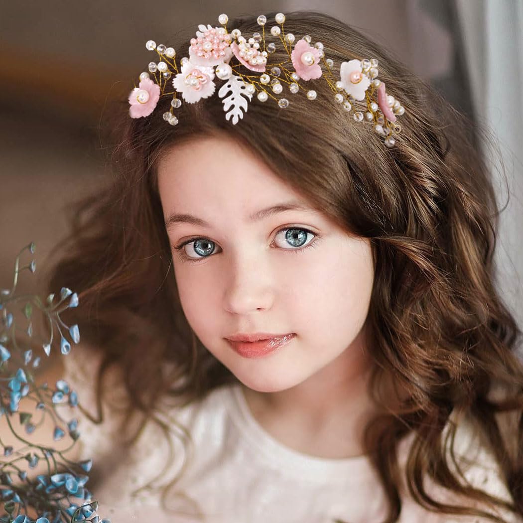 Campsis Pearl Flower Girl Headpiece Pink Crystals Floral Headband for Girls Acrylic Leaf Princess Headband Accessories for Wedding Birthday Party Frist Communion Photography