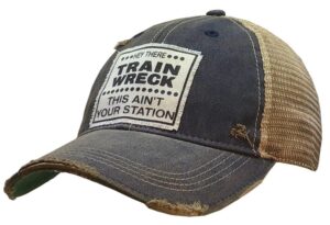 vintage life hey train wreck this ain't your station distressed trucker cap, one size, navy blue, cotton and polyester, headgear, hat, headwear