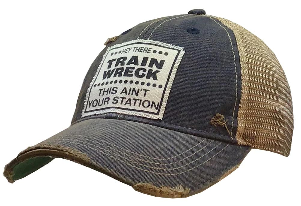 VINTAGE LIFE Hey Train Wreck This Ain't Your Station Distressed Trucker Cap, One Size, Navy Blue, Cotton and Polyester, Headgear, Hat, Headwear