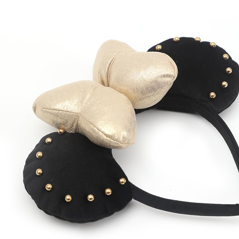 JIAHANG 3D Mouse Ear Hair Bow Headband, Velvet Hairband Park Party Decoration Costume Headwear Hair Accessories for Women Girls (3D-gold rivet)