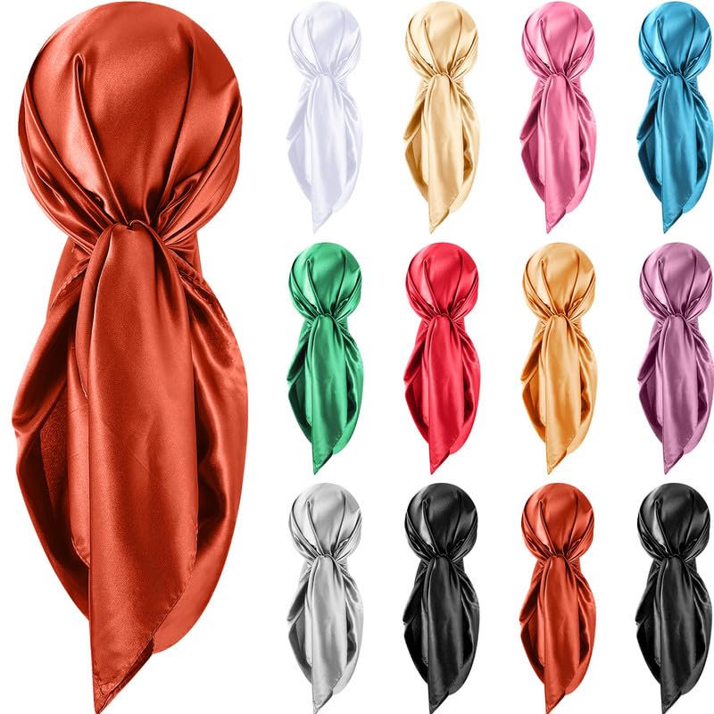 Hicarer 12 Pcs 35 Inch Satin Head Scarf Square Silk Like Neck Scarf Large Hair Scarf Silk Lightweight Hair Wrapping for Women(Simple Style)