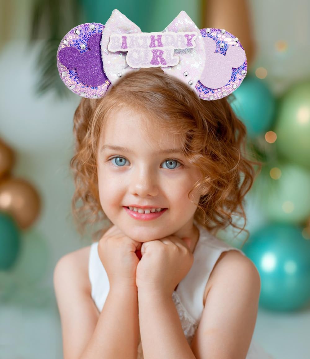 WW-WONDERFULWORLD Mouse Ears Birthday Headbands With Shiny Sequins Diamond Decoration, for Girls Costume Cosplay Glitter Party, for Kids & Adult, Purple; BR-1