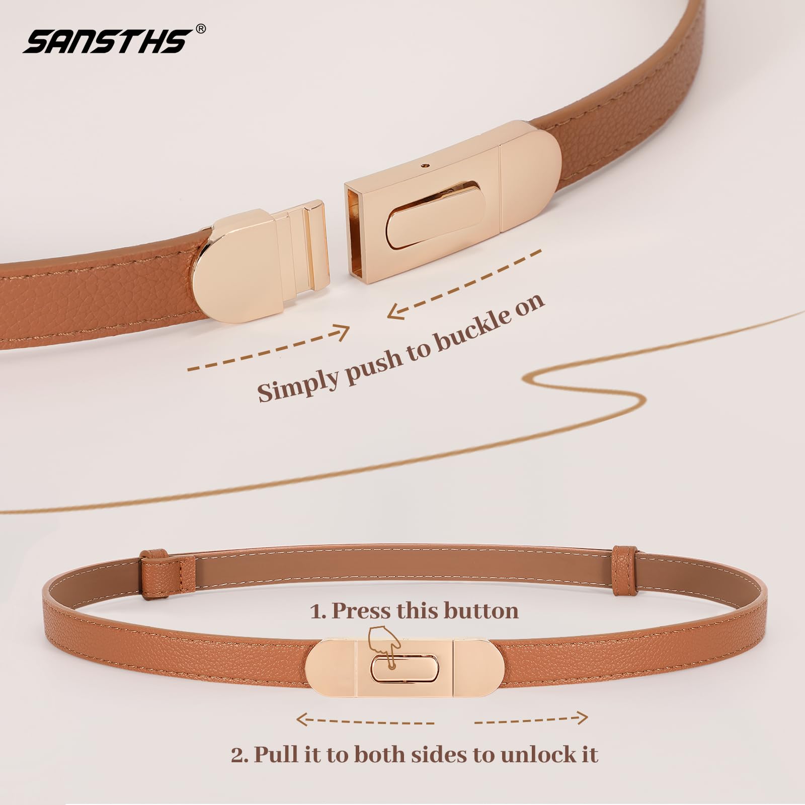 SANSTHS Skinny Women Belt Thin Women Belt for Dresses Coats Jeans Adjustable Belts for Women with Alloy Turn Lock, Brown