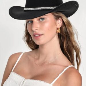 Womens Cowgirl Studded Pinched Western Cowboy Hats Wide Brim Gaucho Hat Fedoras Hat with Belt Buckle(M/L) (US, Alpha, Medium, Black-3 Diamonds)