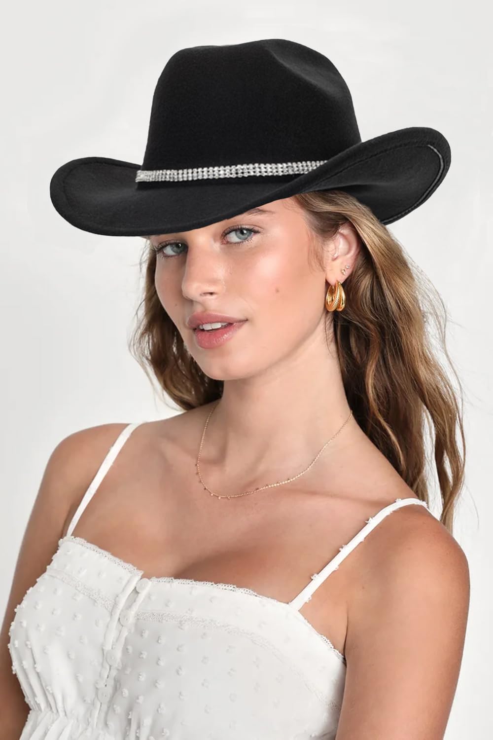 Womens Cowgirl Studded Pinched Western Cowboy Hats Wide Brim Gaucho Hat Fedoras Hat with Belt Buckle(M/L) (US, Alpha, Medium, Black-3 Diamonds)