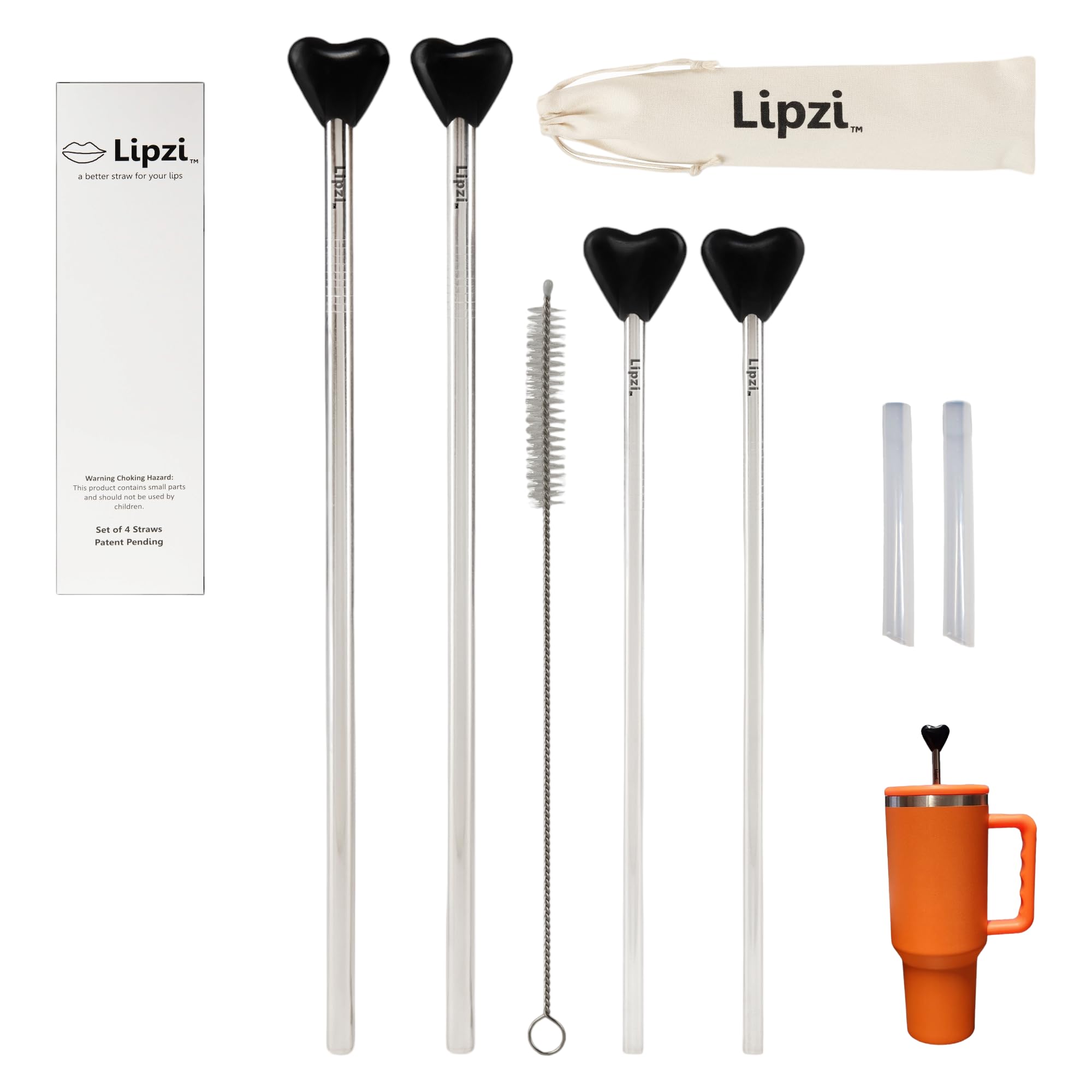 Lipzi - Anti Wrinkle Straw - Stainless-Steel anti-wrinkle drinking straws, Reusable Straws with Cleaning Brush - Eco-Friendly Vs Plastic - Two 40 oz Tumbler Compatible Straws - 4 Straws Total