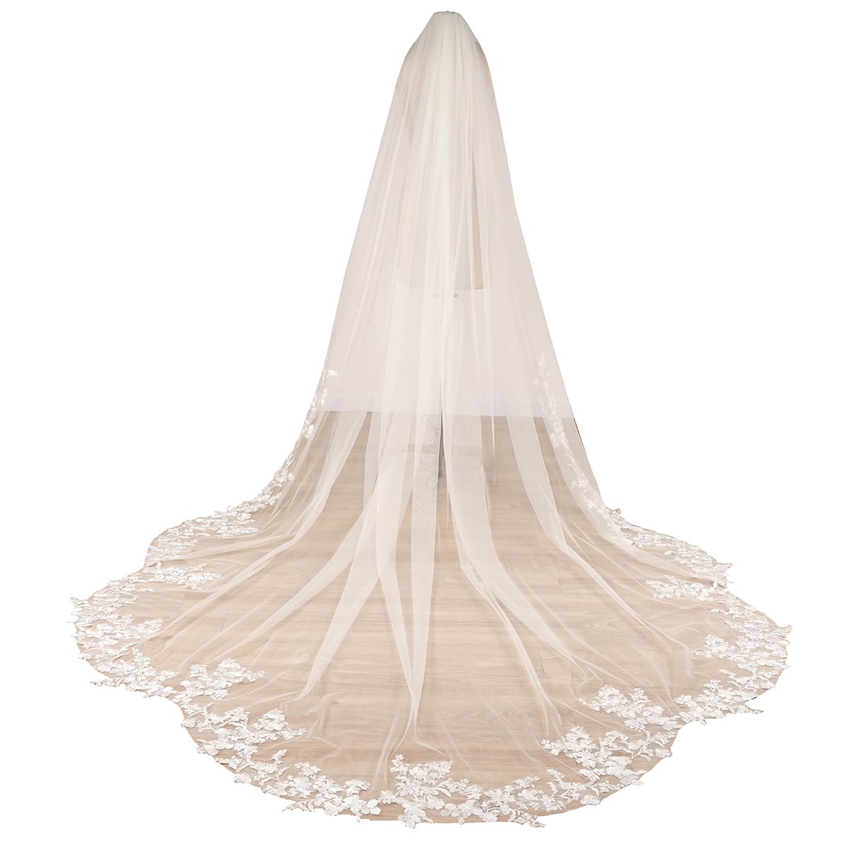 ELAWBTY 1 T Floral Lace Wedding Bridal Veil F20 Ivory Cathedral