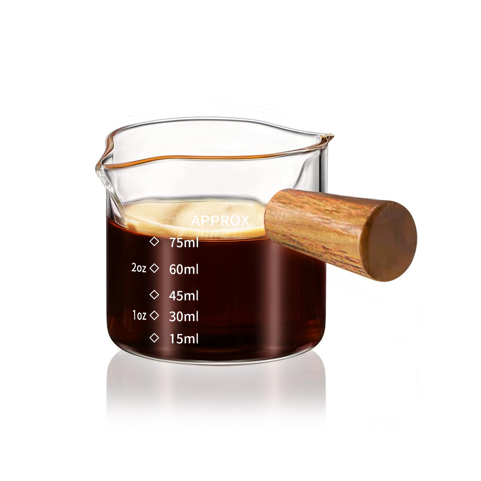 YARRAMATE Espresso Cups with Wood Handle, Clear Glass Espresso Accessories, Double Spout Glass Measuring Cup with Dual Scale, Espresso Shot Glass with V-Shaped Spout, 3.4 OZ / 100 ML