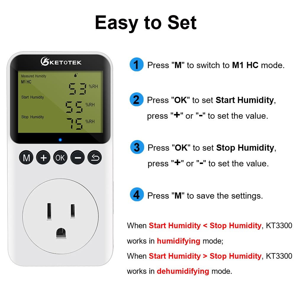 KETOTEK Digital Humidity Controller Outlet Plug with Sensor Probe, 120V Humidistat Controller Plug Reptile Mushroom Greenhouse, Humidity Switch Outlet