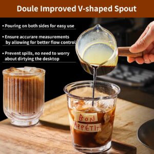 YARRAMATE Espresso Cups with Wood Handle, Clear Glass Espresso Accessories, Double Spout Glass Measuring Cup with Dual Scale, Espresso Shot Glass with V-Shaped Spout, 3.4 OZ / 100 ML