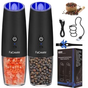 FaCreate UPGRADED USB RECHARGEABLE Gravity Electric Salt and Pepper Grinder Set,Battery Powered Automatic Operation Salt and Pepper Shakers,LED Light Adjustable Coarseness Mill 2 PACK(BLACK)