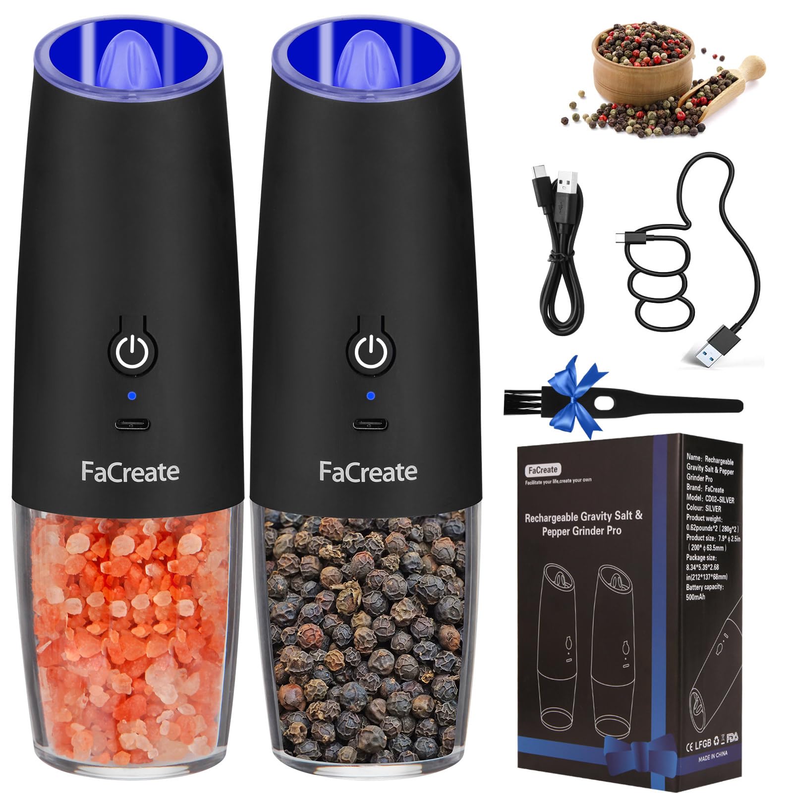 FaCreate UPGRADED USB RECHARGEABLE Gravity Electric Salt and Pepper Grinder Set,Battery Powered Automatic Operation Salt and Pepper Shakers,LED Light Adjustable Coarseness Mill 2 PACK(BLACK)