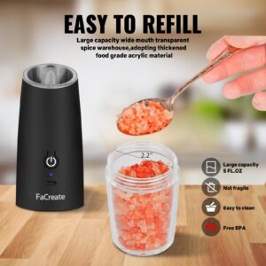 FaCreate UPGRADED USB RECHARGEABLE Gravity Electric Salt and Pepper Grinder Set,Battery Powered Automatic Operation Salt and Pepper Shakers,LED Light Adjustable Coarseness Mill 2 PACK(BLACK)