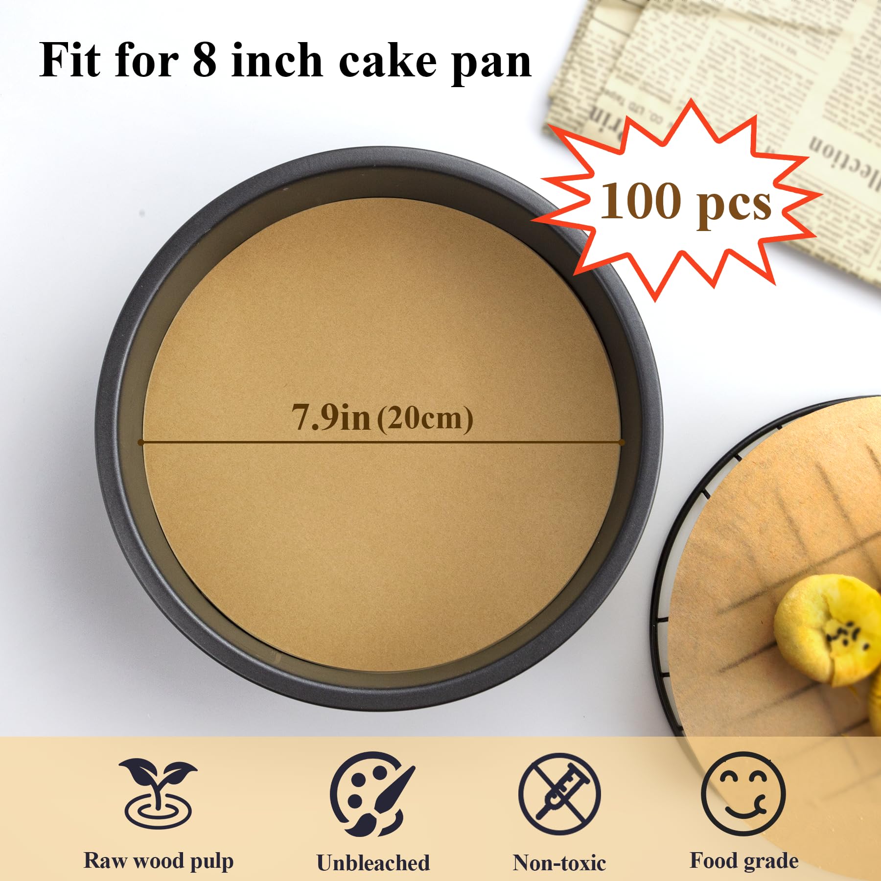 DISSKNIC 8 Inch Parchment Paper Rounds, 100 PCS Unbleached and Non Stick Baking Parchment Rounds, Precut Round Parchment Paper for Baking Sheets Round, Cake Pans, Springform Pan, Steamer