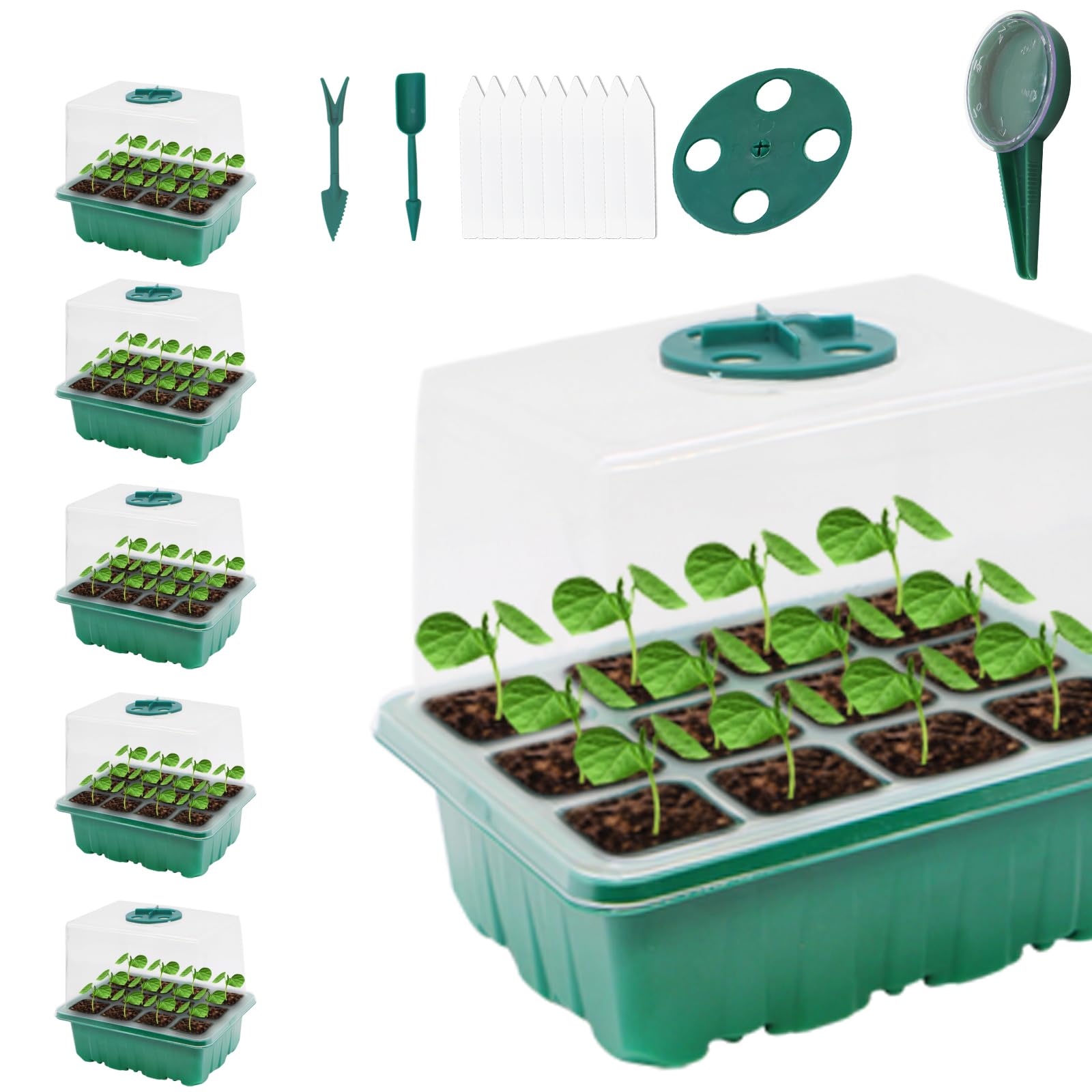 MYMULIKE Seed Starter Tray, 5PCS Seed Starter Kit with Humidity Dome, Seedling Starter Tray 60 Cells Total, Mini Greenhouse for Indoor Plants, Indoor Germination Kit (Seed Starter Tray)