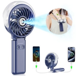 handfan 5200mah portable misting fan with charger, rechargeable handheld personal mister fan, battery operated spray water mist fan, electric mini hand fans for beach, travel, outdoors(royal blue)