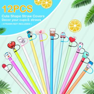 Nursing Straw Covers Cap 12 Pcs for Stanley Cup 30&40 Oz, Tumbler, Water Bottle Silicone Straw Topper Fits 10mm Reusable Straws, Cute Straw Tips Cover