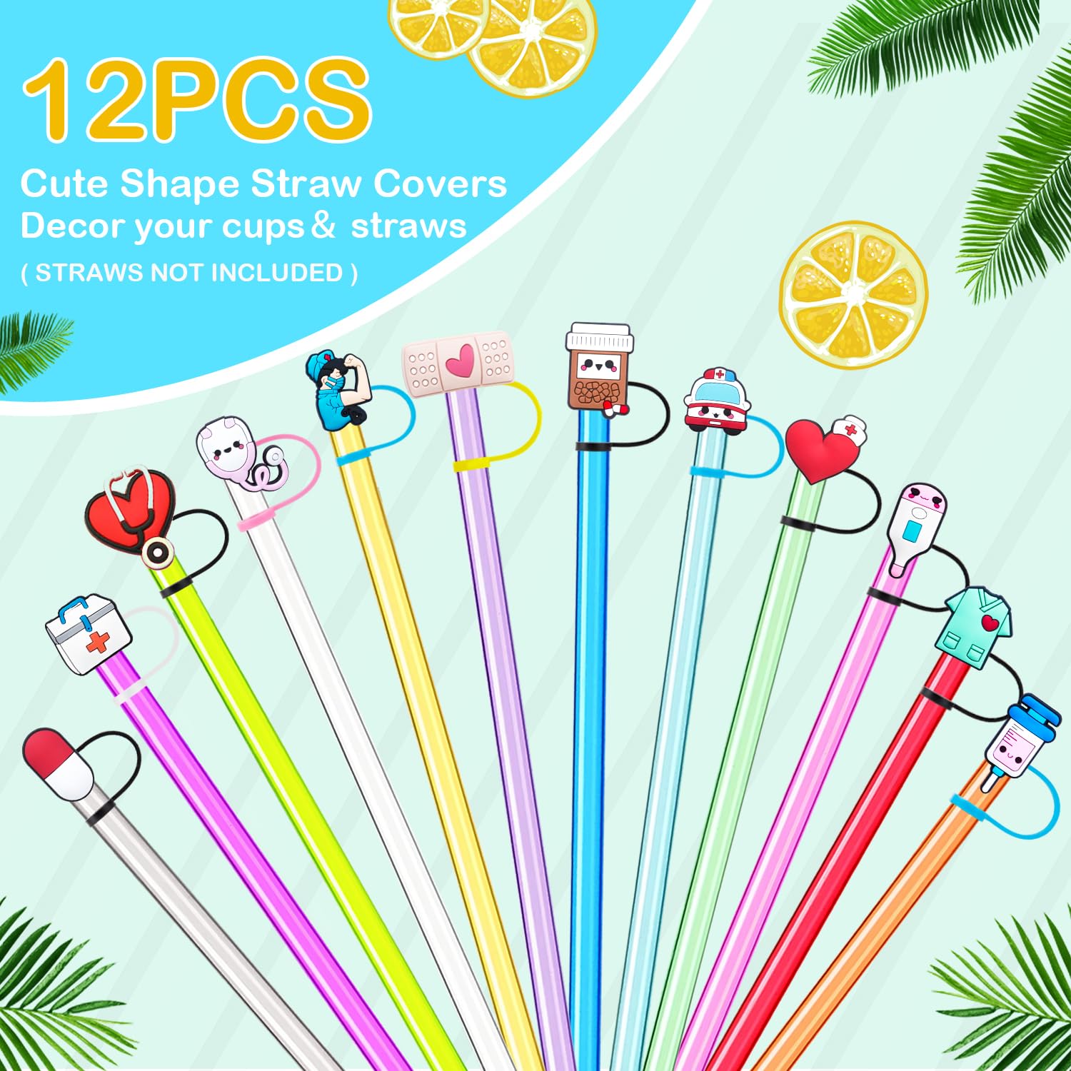 Nursing Straw Covers Cap 12 Pcs for Stanley Cup 30&40 Oz, Tumbler, Water Bottle Silicone Straw Topper Fits 10mm Reusable Straws, Cute Straw Tips Cover