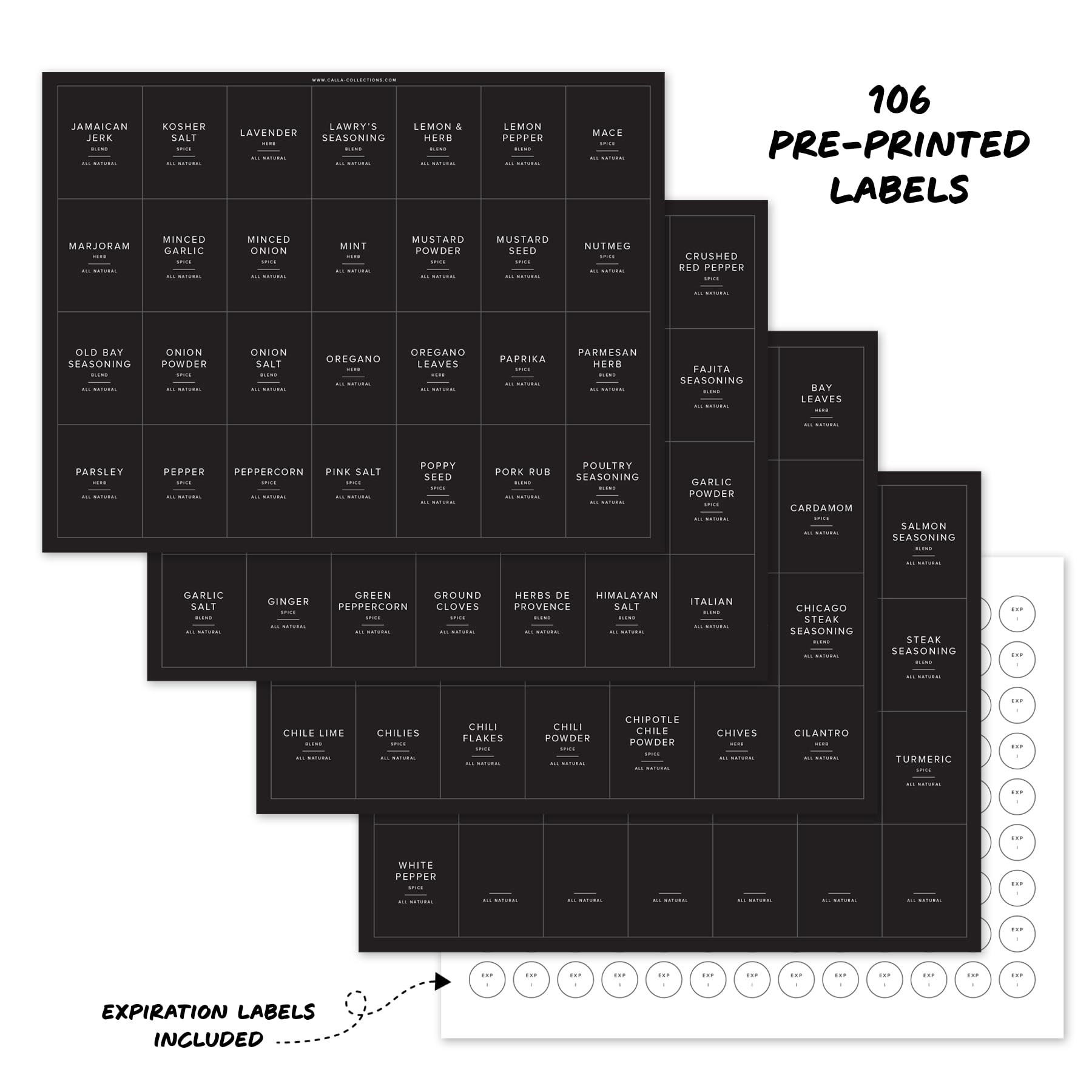 230 Black Spice Labels by ThreeKin | Waterproof & Oil-Resistant Pre-Printed Stickers for Spice Jars | Durable, BPA-Free Seasoning Labels | Easy-Clean, No-Residue Design | Proudly Female & USA Owned