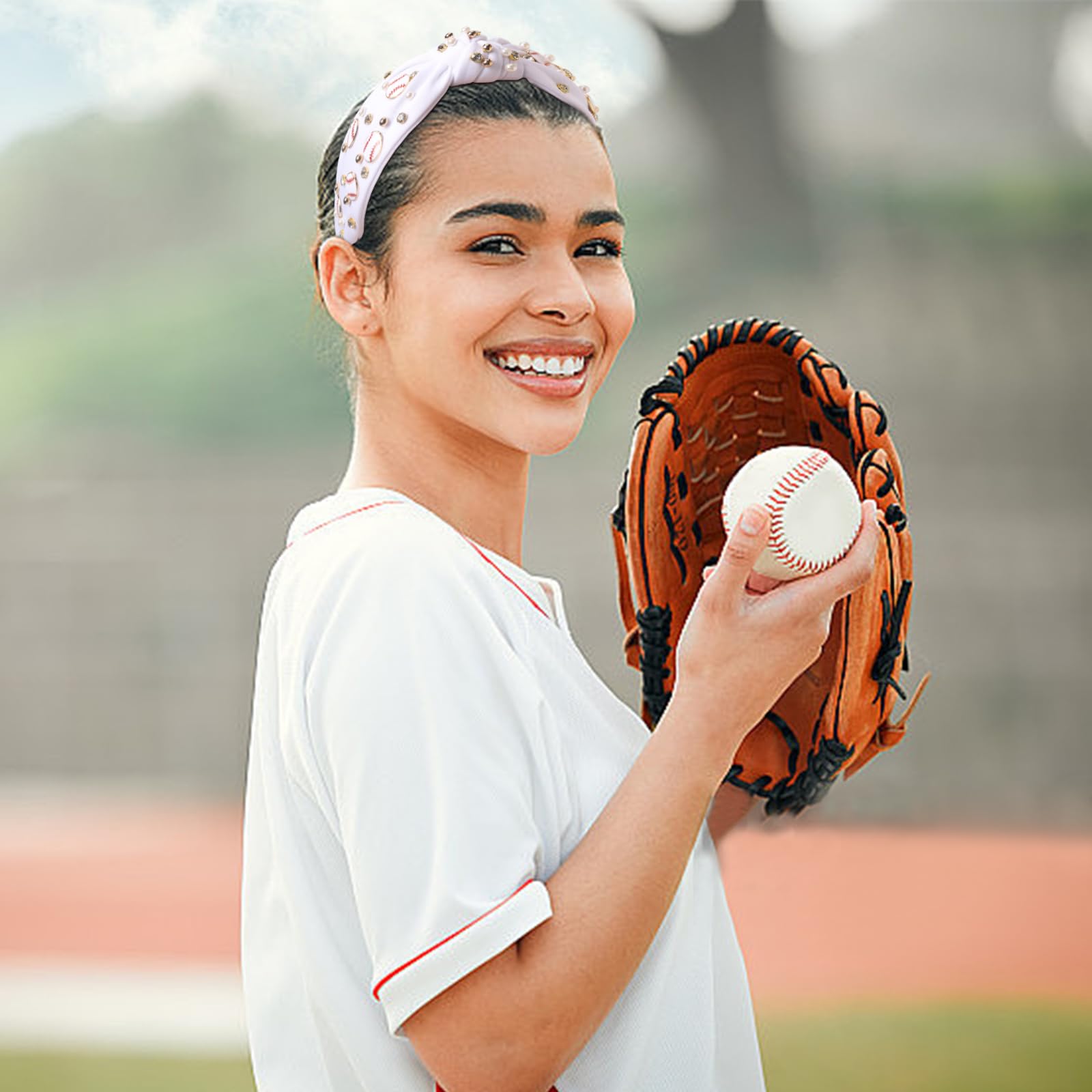 Baseball Headband for Women, Pearl Rhinestone Knotted Hairband 2 Pack - Wide Game Day Hair Accessories in White and Black