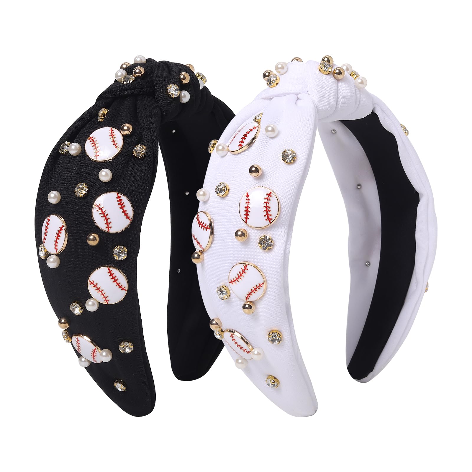 Baseball Headband for Women, Pearl Rhinestone Knotted Hairband 2 Pack - Wide Game Day Hair Accessories in White and Black