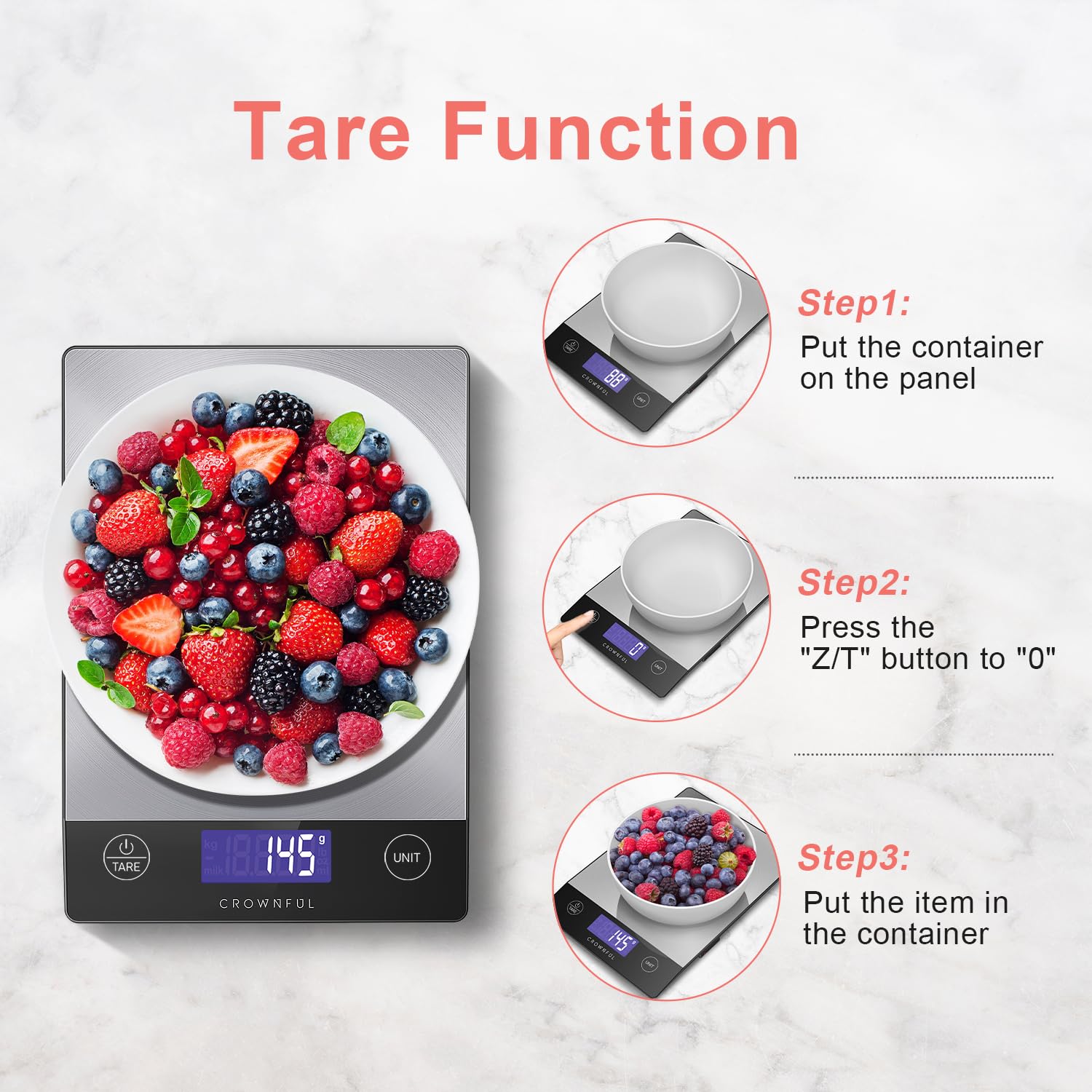 CROWNFUL Food Scale, Rechargeable 304 Stainless Steel Digital Kitchen Scale Upto 33lb Weight Grams and Ounces with LCD Display and Type-C Charging for Baking and Cooking