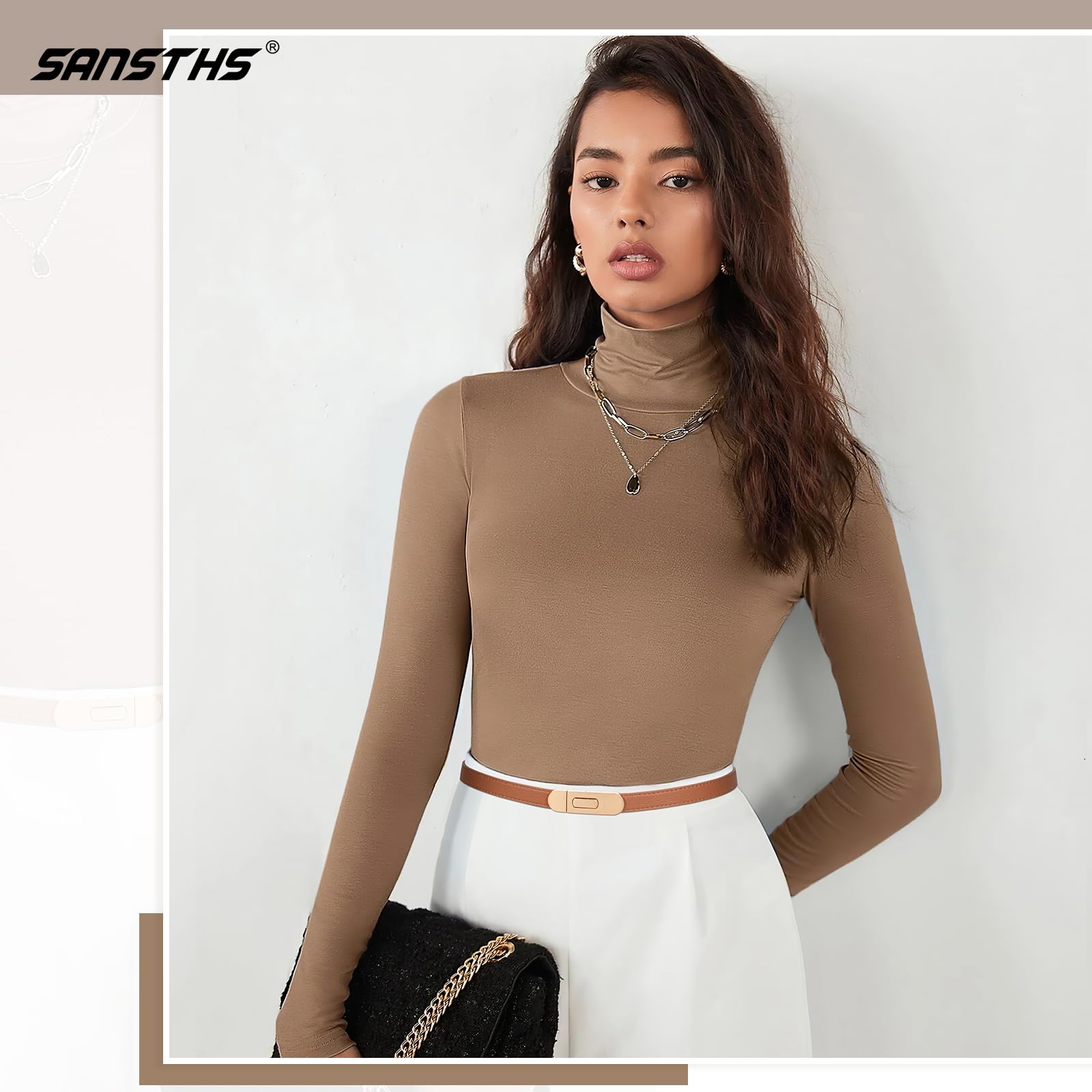 SANSTHS Skinny Women Belt Thin Women Belt for Dresses Coats Jeans Adjustable Belts for Women with Alloy Turn Lock, Brown