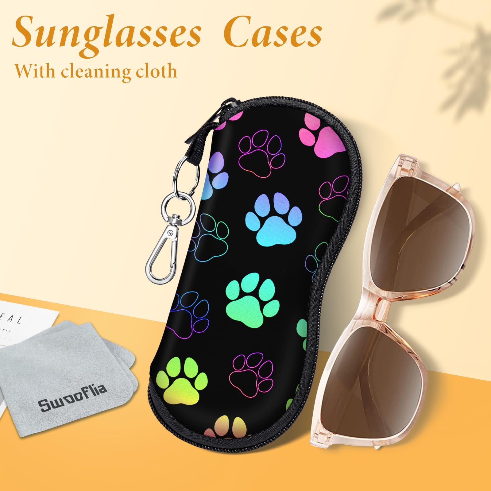 Swooflia Sunglass Glasses Eyeglass Case Bag, Soft Reading Glass Pouch for Kids Women Men Black Paw Neoprene Travel Extra Large Slim Cases with Clip Zipper