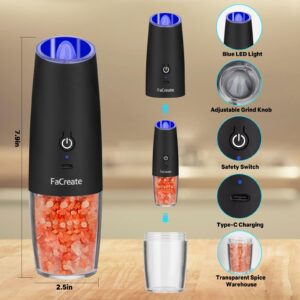 FaCreate UPGRADED USB RECHARGEABLE Gravity Electric Salt and Pepper Grinder Set,Battery Powered Automatic Operation Salt and Pepper Shakers,LED Light Adjustable Coarseness Mill 2 PACK(BLACK)