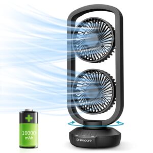 dr. prepare small desk tower fan 15'' portable table battery operated fan with 270° tilt, 105° oscillating, 3 speeds, rechargeable usb oscillating fan for bedroom, office, home, camping and outdoor