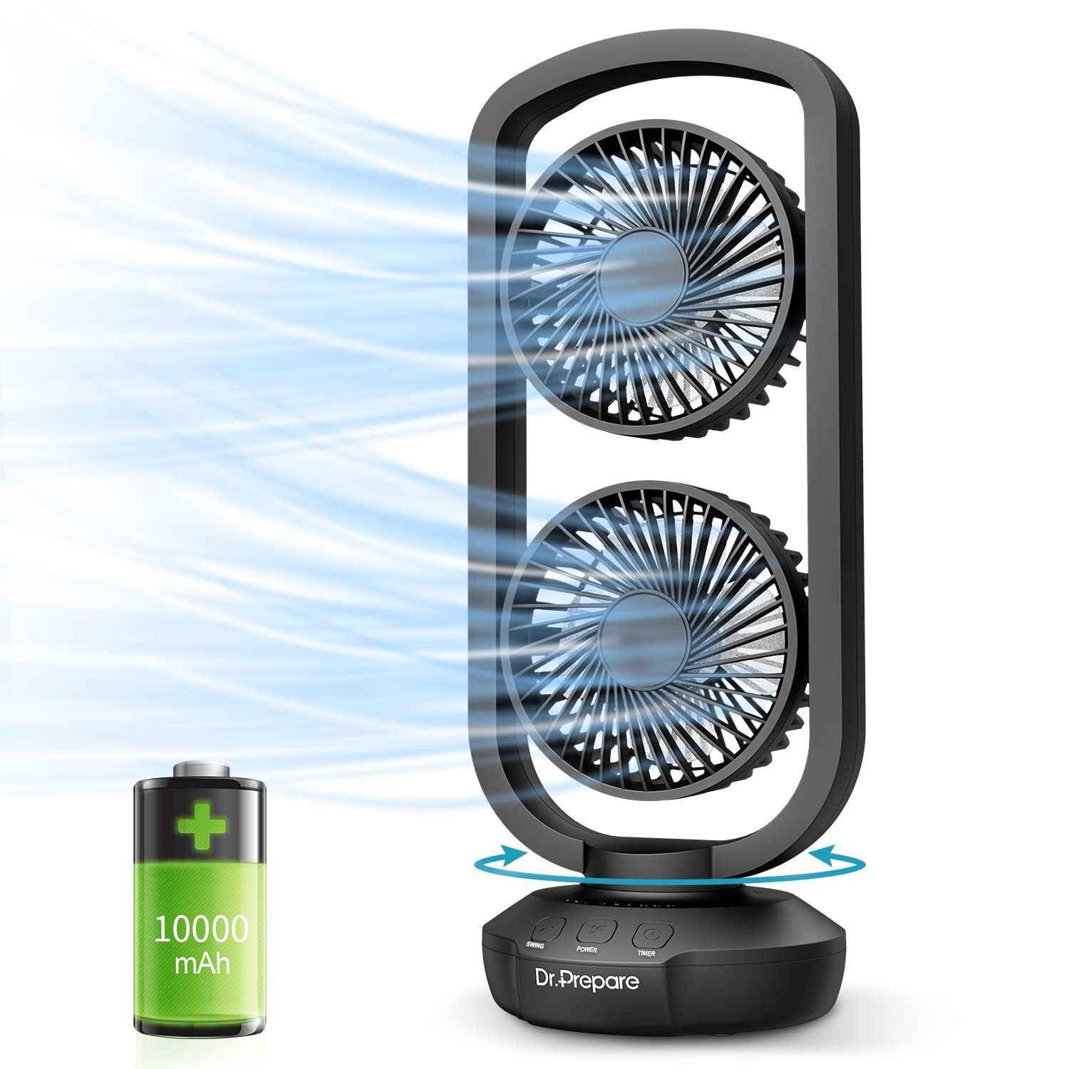 Dr. Prepare Small Desk Tower Fan 15'' Portable Table Battery Operated Fan with 270° Tilt, 105° Oscillating, 3 Speeds, Rechargeable USB Oscillating Fan for Bedroom, Office, Home, Camping and Outdoor