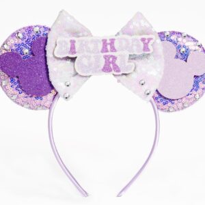 WW-WONDERFULWORLD Mouse Ears Birthday Headbands With Shiny Sequins Diamond Decoration, for Girls Costume Cosplay Glitter Party, for Kids & Adult, Purple; BR-1