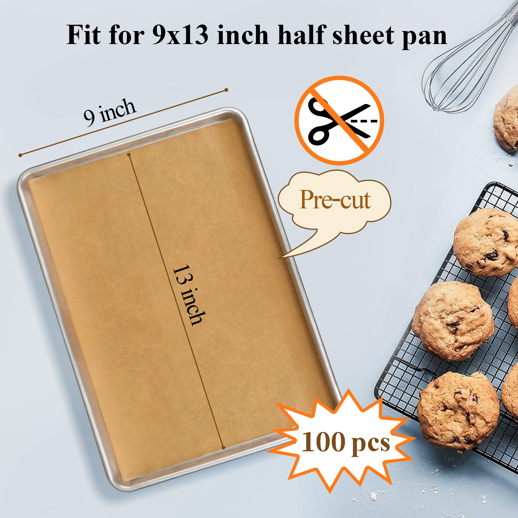 DISSKNIC 100PCS Unbleached Parchment Paper for Air Fryer Liners, 9x13 Inch Precut Parchment Paper for Baking Sheet, Baking Supplies Baking Paper for Toaster Oven, Cookie sheet, Baking pan, Bread pan