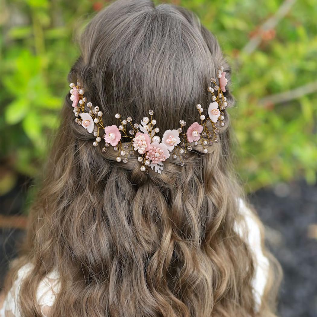 Campsis Pearl Flower Girl Headpiece Pink Crystals Floral Headband for Girls Acrylic Leaf Princess Headband Accessories for Wedding Birthday Party Frist Communion Photography