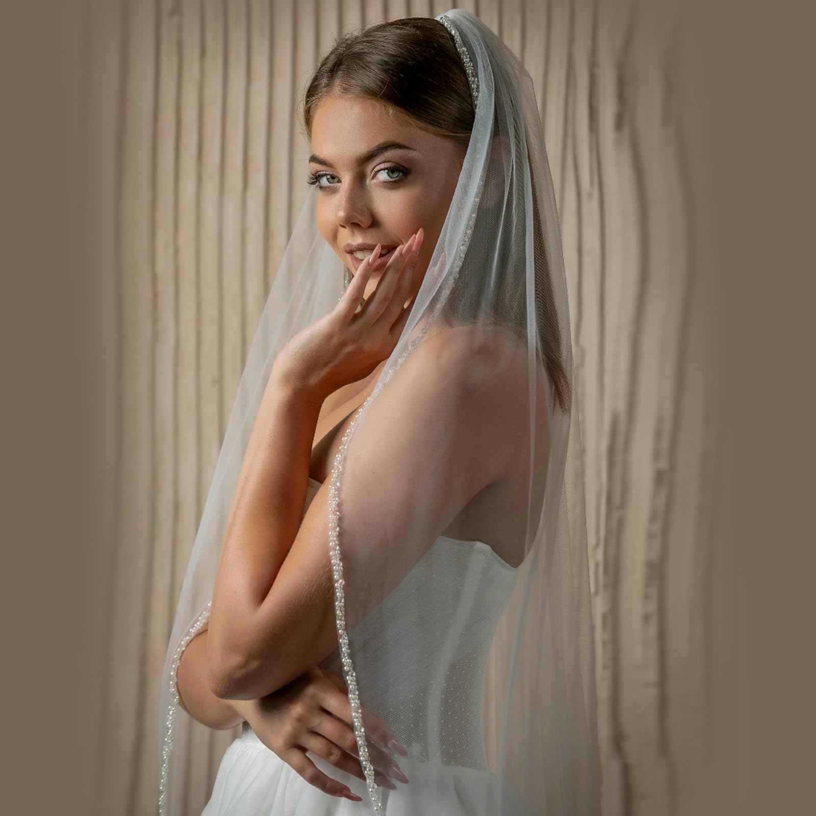 DIMNIE Wedding Veil for Brides Handmade Beaded Bridal Veil 1 Tier Fingertip Length Veil with Comb (off white-Fingertip Length:39.37IN)